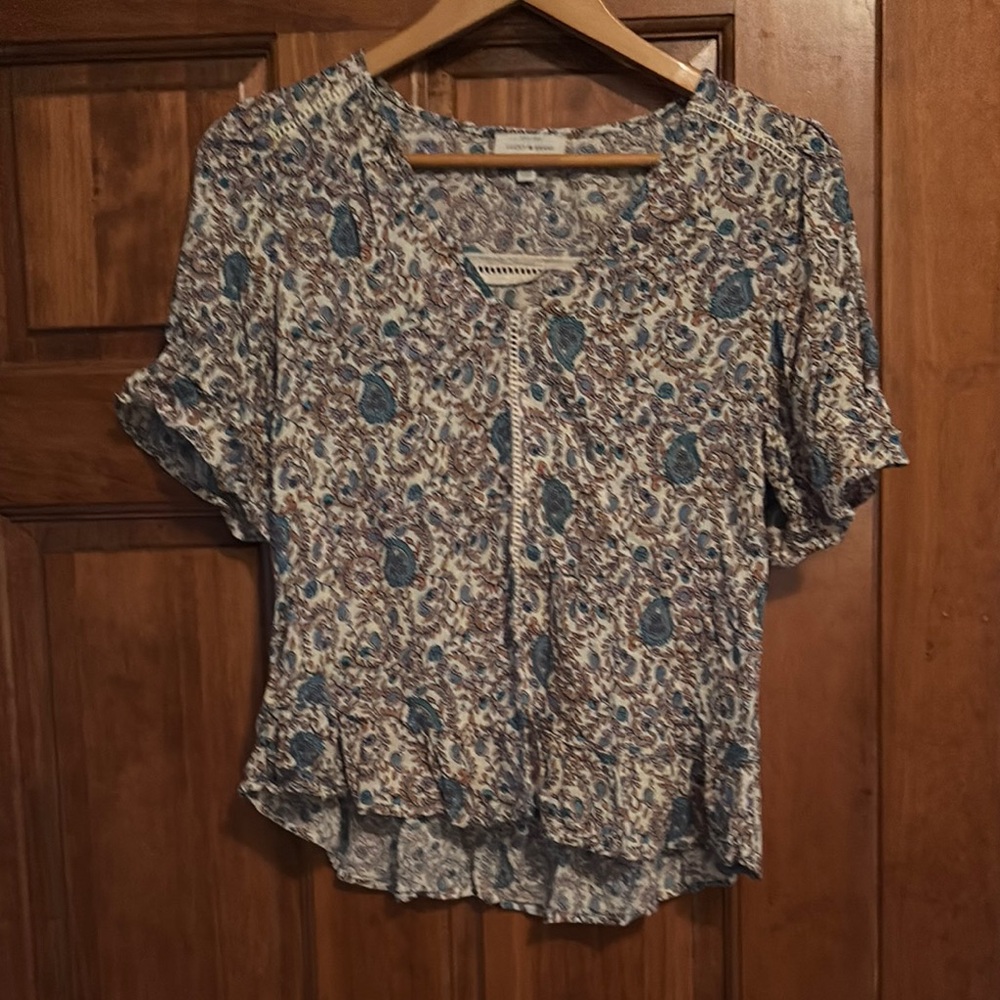 Lucky Brand Blue Cream Ruffled Peter Pan Collar Blouse